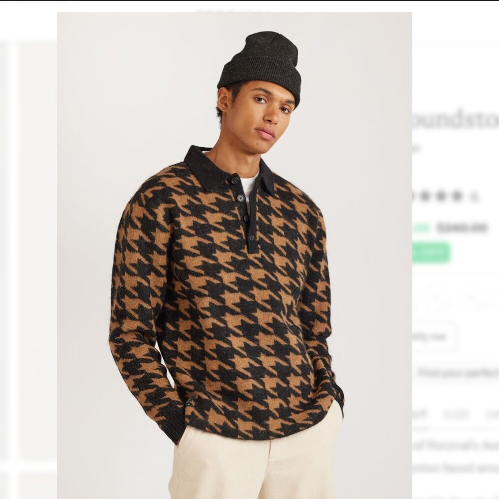 Houndstooth Rugby Shirt Mohair Wool Polo Sweater - Black & Tan Brown *MENS SIZE*